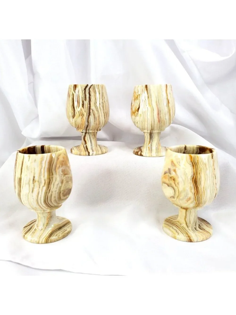 4 Polished Natural Hand Carved Marble Onyx Stone Cup Goblets 4
